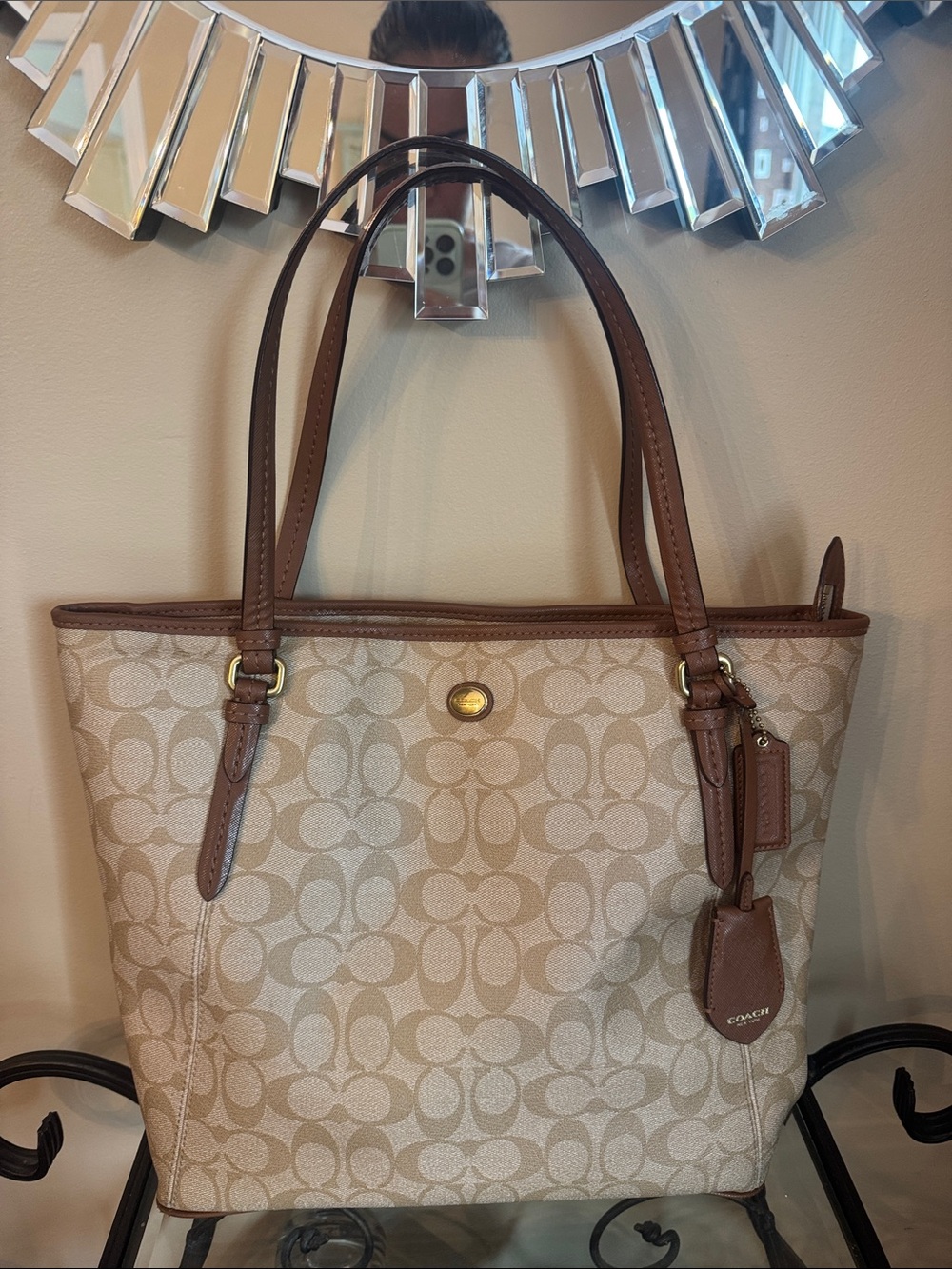 Coach Beige Monogram Tote with Brown Leather Trim